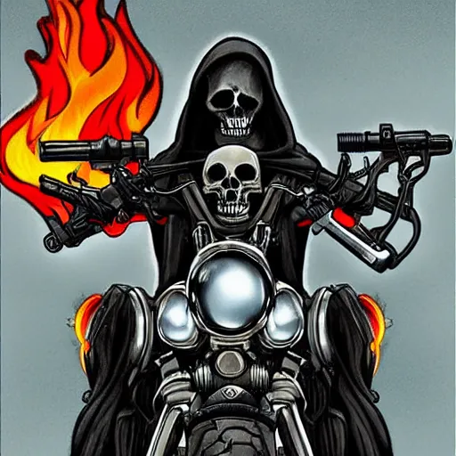 Prompt: extremely badass art of a cloaked skeleton holding guns on a motorcycle with a bunch of fire