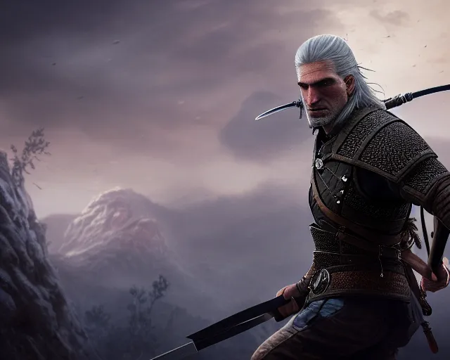 Image similar to 5 5 mm portrait photo of geralt fighting a 5 headed hydra. magical atmosphere. art by greg rutkowski. highly detailed 8 k. intricate. lifelike. soft light. nikon d 8 5 0.