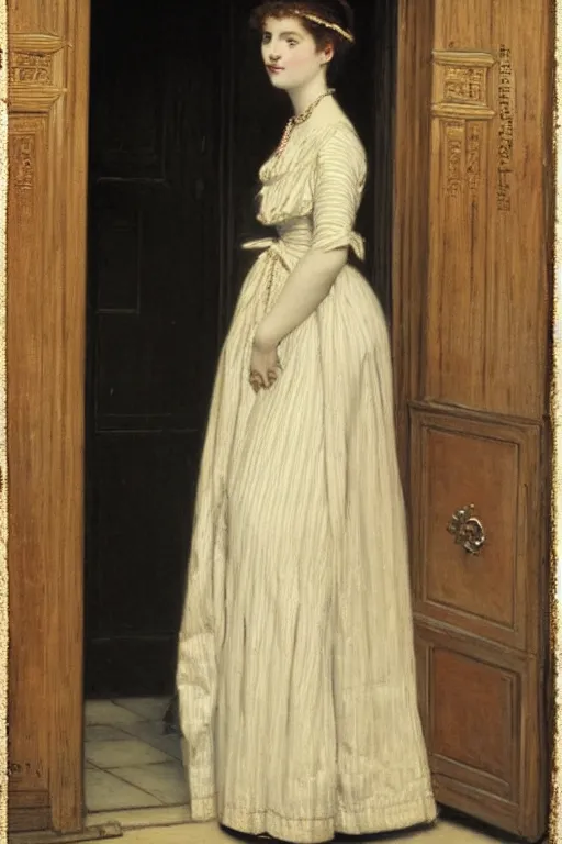 Image similar to lady in waiting by auguste toulmouche perfect detailed eyes, beautiful hands, pale skin, blonde hair, leaning on door, shift dress