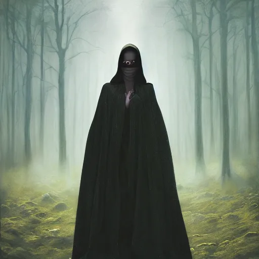 Image similar to a portrait of a young woman wearing a long dark cloak, hood and shadows covering face, holding golden chains, oil painting, matte painting, black background, Volumetric Golden dappled dynamic lighting, Highly Detailed, Cinematic Lighting, Unreal Engine, 8k, HD, by Beksinski