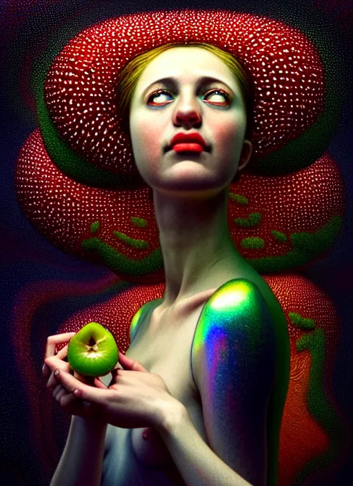 Image similar to hyper detailed 3d render like a Oil painting - Aurora (Singer) Eats of the Strangling Fruit of penance open eyes and Her Hands full of gossamer polyp blossoms bring iridescent fungal flowers whose spores black the foolish stars by Jacek Yerka, Mariusz Lewandowski, Houdini algorithmic generative render, Abstract brush strokes, Masterpiece, Edward Hopper and James Gilleard, Zdzislaw Beksinski, Mark Ryden, Wolfgang Lettl, hints of Yayoi Kasuma, octane render, 8k