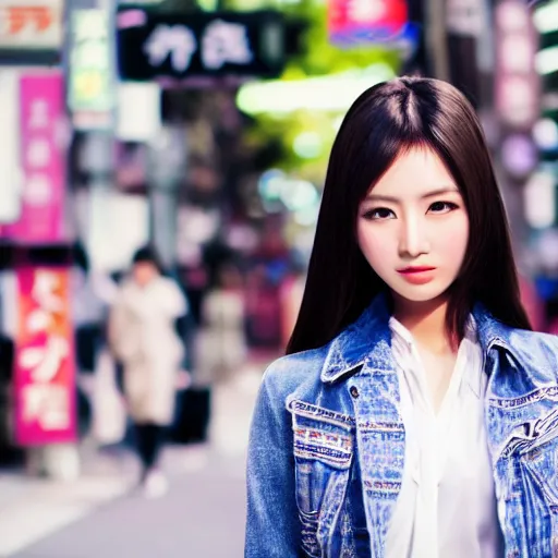 Prompt: beautiful asian female model on streets of tokyo, detailed face, posing in futuristic fashion, wide shot