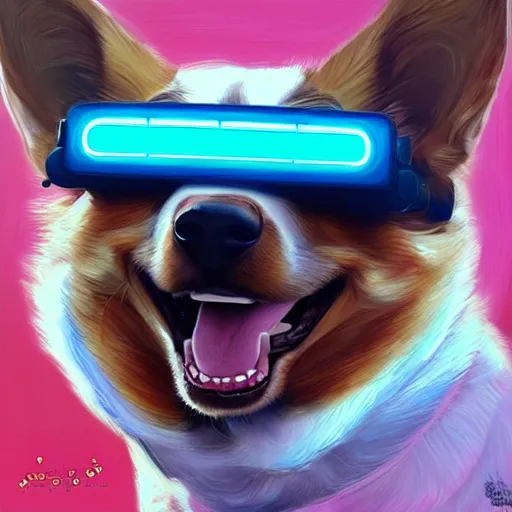 Prompt: a painting of a happy corgi wearing a cyberpunk augmented reality visor by artgerm, highly detailed digital art