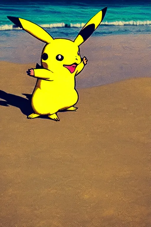 Prompt: pikachu drinking a beer on the beach