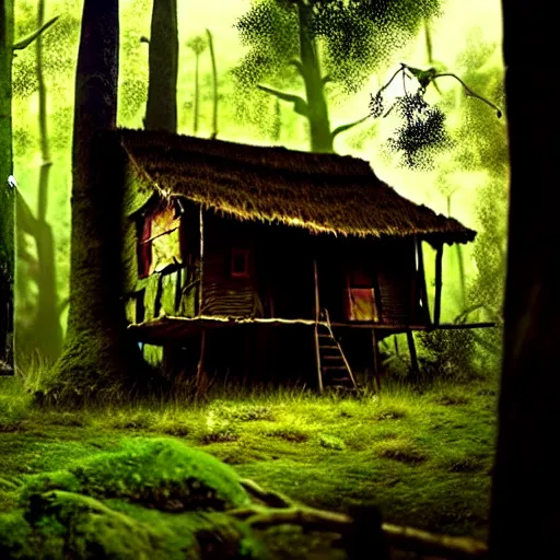 Image similar to a cinematic movie shot of a rustic multi-story ramshackle hut in the magical forest