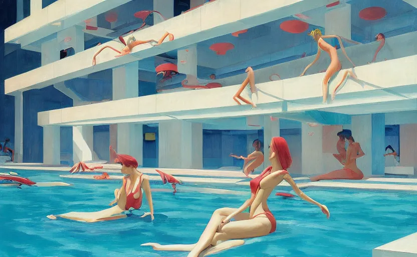 Prompt: Inside a big futuristic pool and ladies in bikini, very coherent, painted by Edward Hopper, Wayne Barlowe, painted by James Gilleard, airbrush, art by JamesJean