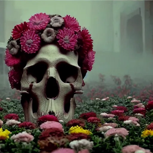 Image similar to an octopus in the shape of a skull surrounded by flowers at midnight, foggy cinematic shot photo still from movie by denis villeneuve, wayne barlowe