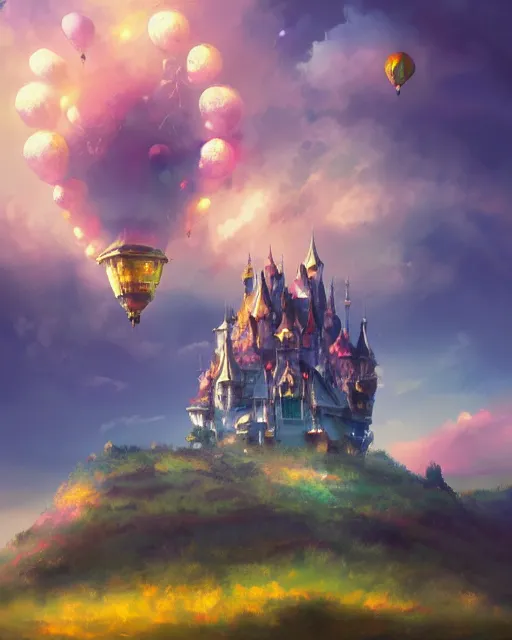 Prompt: flying cloud castle, buildings, baloons, machines, bright, blue sky, mountains, colorful, cinematic lighting, fantasy, high detail, illustration, masterpiece, artstation, 4 k, art by jana schirmer