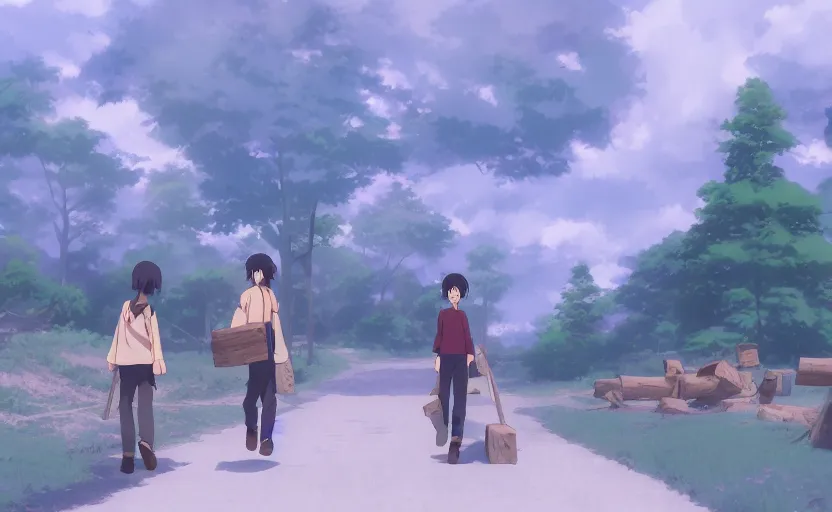 Image similar to carrying wooden logs, slice of life anime scene by Makoto Shinkai, digital art, 4k