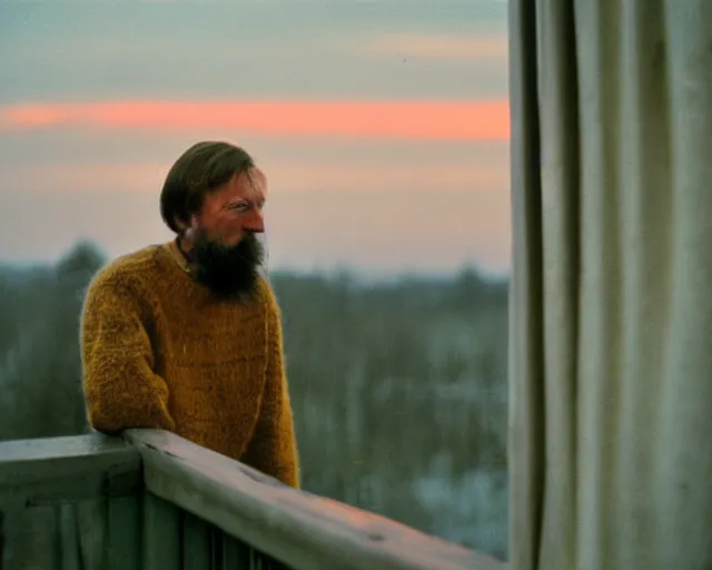 Image similar to award - winning lomographic tarkovsky film still of 4 0 years russian man with beard and sweater standing on small hrushevka 9 th floor balcony in taiga looking at sunset, kodak ektar, bokeh