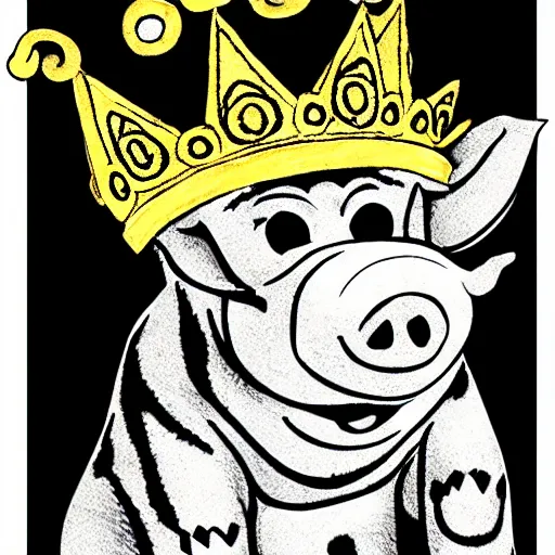 Image similar to detailed sketches of a pig wearing a gold crown by Bill Watterson drawn like saturday morning cartoons