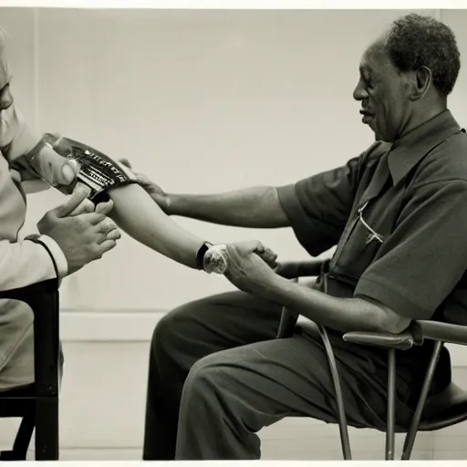 Image similar to a man sitting on a chair having his blood pressure measured by a nurse, color photograph