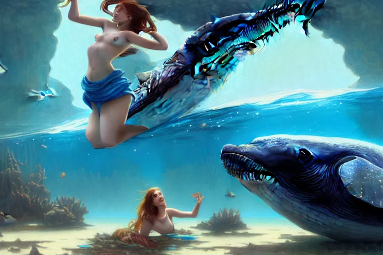 Image similar to painting of panorama view of under the water, wearing beautiful clothes, underwater world, hyper detailed cg rendering of a cute girl and whale, atmospheric lighting, perfect shadow, elegant, highly detailed, digital painting, artstation, concept art, smooth, sharp focus, illustration, art raphael lacoste, by artgerm and greg rutkowski and alphonse mucha, 8 k
