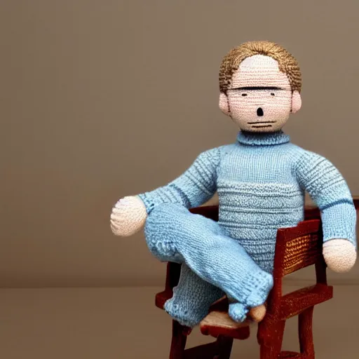 Image similar to knitted doll ryan gosling sitting on a chair, lethal preservation, proportions, high quality, realism, foreground focus,