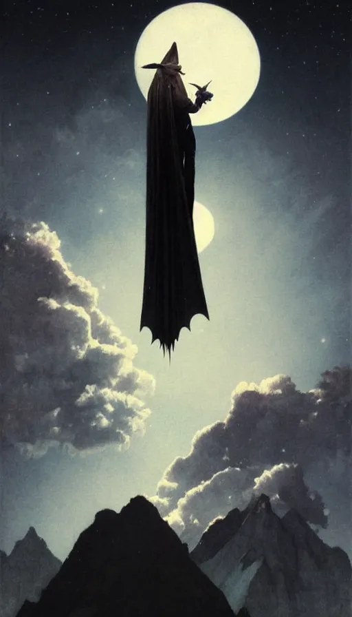 Image similar to a white bat, flying against a dark black night sky, mountain in the background, moonlight, denoised, very detailed, painted by, norman rockwell, tom bagshaw