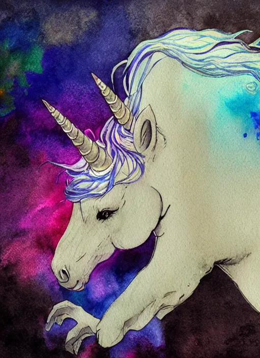 Image similar to portrait, a sad depressed unicorn that hung itself from a rainbow, watercolor, dramatic lighting, cinematic, establishing shot, extremely high detail, foto realistic, cinematic lighting, pen and ink, intricate line drawings, by Yoshitaka Amano, Ruan Jia, Kentaro Miura, Artgerm, post processed, concept art, artstation, matte painting, style by eddie mendoza, raphael lacoste, alex ross