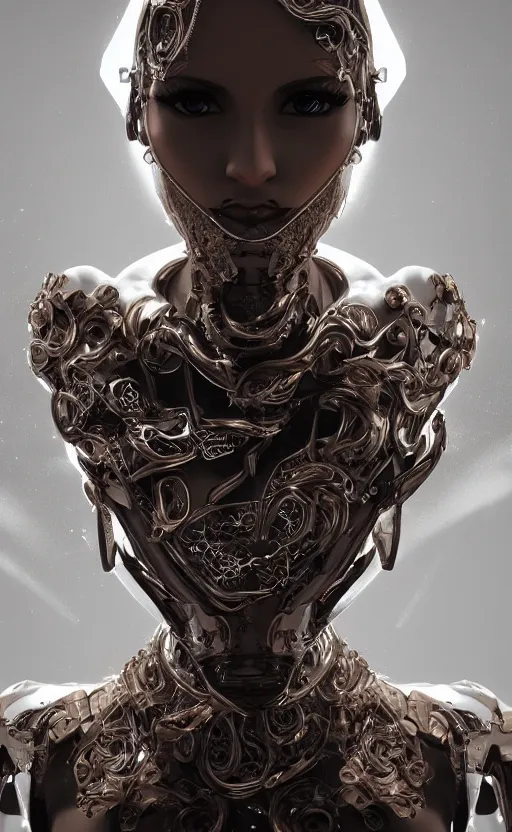 Image similar to white cyborg fashion shot, copper spiral decorations, white elegant baroque design, smooth heads, headshot half figure, photorealistic, 8k, hyper detailed, unreal engine, trending on artstation,