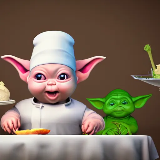 Prompt: curious mouth agape innocent tiny overweight chubby baby yoda as chef wearing white chefs hat and white apron, offering a plate of food, vegetables, photography, hyperrealism, unreal engine, octane 3 d render, houdini, unity 3 d, highres, adobe premier pro, trending on artstation, trending on deviantart