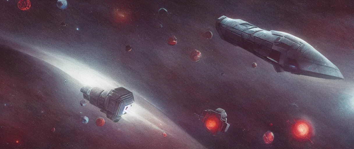 Prompt: concept art, a single lonely spaceship drifting in space, exploring, the expanse tv series, industrial design, lost in the immensity of space, spatial phenomena, cinematic lighting, 4k, greebles, widescreen ratio, wide angle, beksinski, sharp and blocky shapes