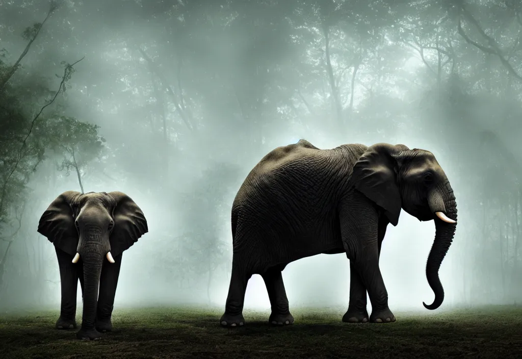 Image similar to an elephant king, his trunk is a tentacle from an octopus, in a jungle with ominous light from above, ambient light, fog, river