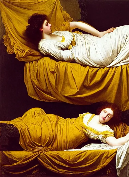 Prompt: masterpiece portrait of lady reclining on bed, draping flowing raising twisting rising sheets floating in wind flying rococo, wearing yellow ochre ornate medieval dress, vertical, foreshortening, colour photography by frederic leighton, william morris, 8 k