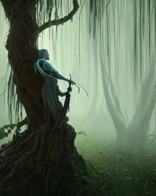 Image similar to highly detailed surreal vfx portrait of a cursed dagger in a shadowy swamp by a willow tree, stephen bliss, unreal engine, greg rutkowski, loish, rhads, beeple, makoto shinkai and lois van baarle, ilya kuvshinov, rossdraws, tom bagshaw, alphonse mucha, global illumination, detailed and intricate environment