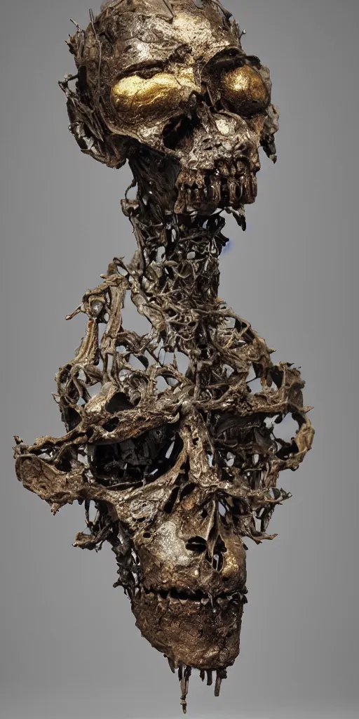 Image similar to a boney thin humanoid with teared viscose clothes wearing a carved mineral mask with tiny mineral and gold incrustations. by tom purvis, emil melmoth, zdzislaw belsinki, craig mullins, yoji shinkawa