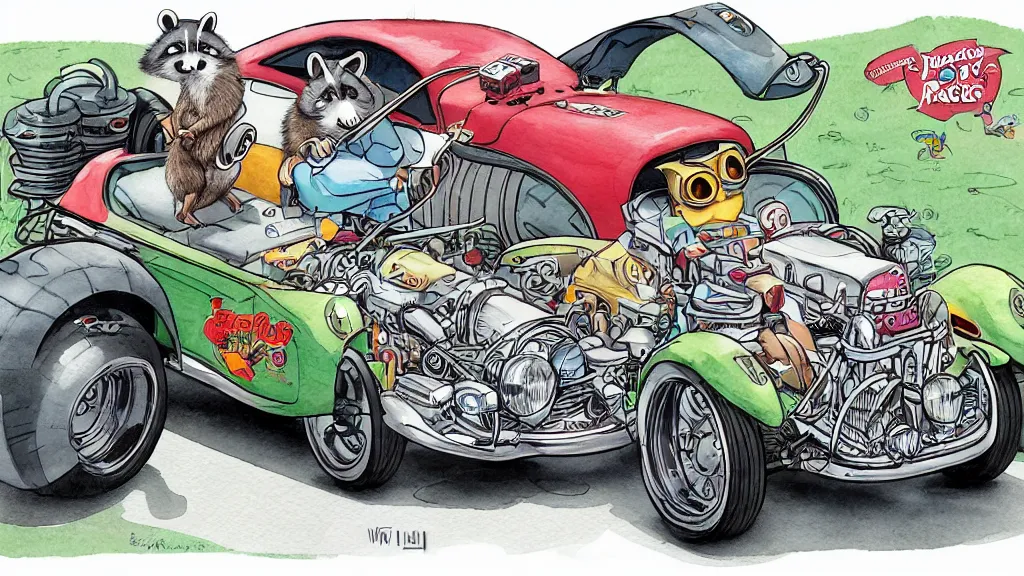 Image similar to cute and funny, racoon riding in a tiny hot rod coupe with oversized engine, ratfink style by ed roth, centered award winning watercolor pen illustration, third person isometric illustration by chihiro iwasaki, edited by range murata