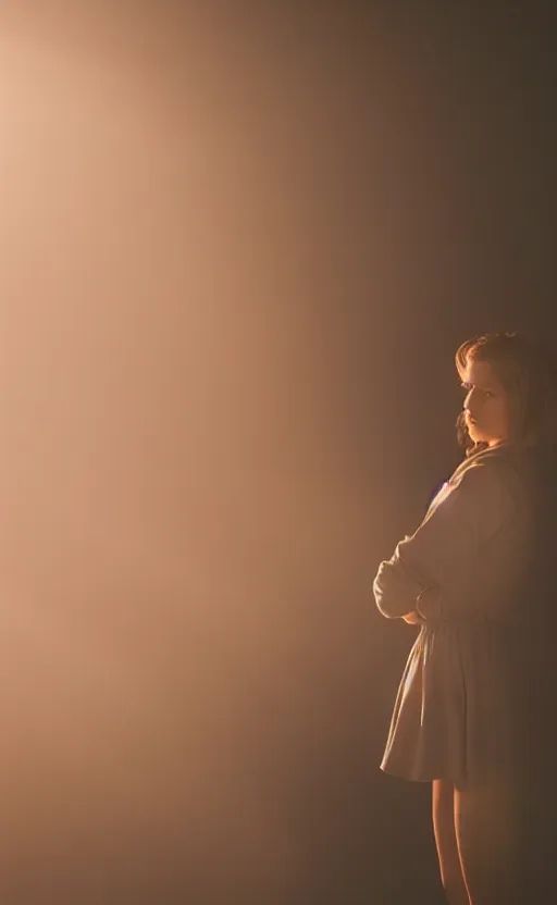 Image similar to very very beautiful photograph of emily skinner looking like annie leonhart standing next to a window god rays shining on her from the sunlight, volumetric fog, smoke, depth of field, beautiful composition, featured on artstation and instagram