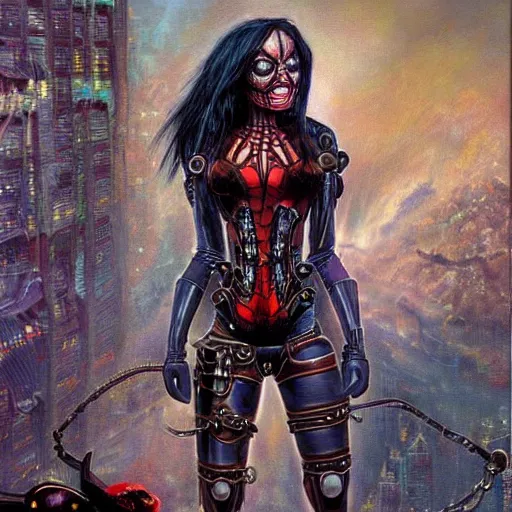 Prompt: realistic portrait beautiful painting of SpiderWoman mutate into a Steampunk cyborg. Horror, created by Thomas Kinkade.