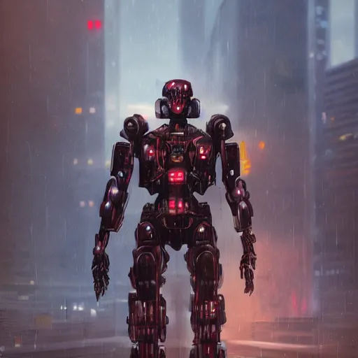 Image similar to An realistic epic fantastic comic book style portrait painting of a mecha warrior machine by WLOP, black and reddish color armor, cyberpunk feel raining at tokyo rooftop, Concept world Art, unreal 5, DAZ, hyperrealistic, octane render, cosplay, RPG portrait, dramatic lighting, rim lights