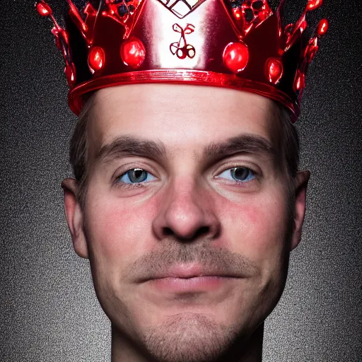 Image similar to man with a crown, smirk, photograph, black backgrounds, glowing red eyes