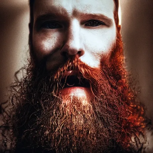 Prompt: man with red beard smoking, metal album cover