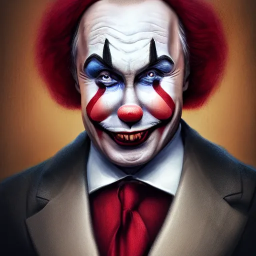 Image similar to portrait of Putin as a clown, matte painting, trending on artstation, very detailed