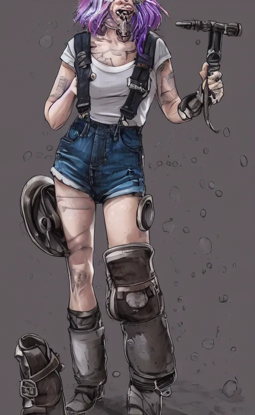 Prompt: a grungy woman with rainbow hair, drunk, angry, soft eyes and narrow chin, dainty figure, long hair straight down, torn overalls, short shorts, combat boots, gasmask, basic white background, side boob, symmetrical, single person, style of by jordan grimmer and greg rutkowski, crisp lines and color,