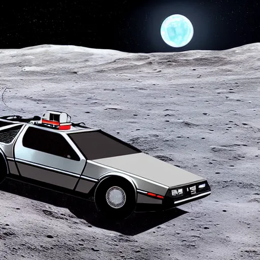 Image similar to digital art, trending on artstation, a delorean on the moon ground with views of the earth in the background