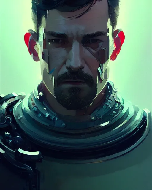 Prompt: a handsome man, sci - fi, mechanical parts, rugged, masculine, sharp jaw, digital painting by ilya kuvshinov, greg rutkowski, wlop, james jean, victo ngai, beautifully lit, muted colors, highly detailed, ornate, glass, intricate wires, dynamic pose, artstation, fantasy art by craig mullins