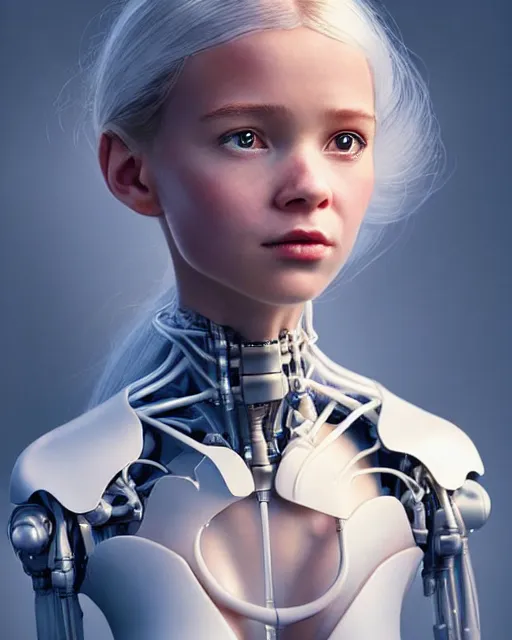 Image similar to weta disney pixar movie still head and torso portrait photo of young millie alicia bobby vikander brown with long white hair as thoughtful intricate detailed mechanical white plastic cyborg girl by pixar, by weta, wlop, ilya kuvshinov, rossdraws, artgerm, latex, iridescent, bright morning, anime, liosh, mucha