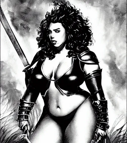 Prompt: 1 9 8 0 s fantasy novel book cover, bbw plus size amazonian scarlett johansson in extremely tight bikini armor wielding a cartoonishly large sword, exaggerated body features, dark and smoky background, low quality print