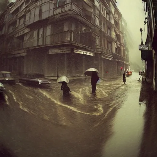 Image similar to 1 9 5 0 s town street in the middle of a rainstorm, fisheye!!!!!! lens, shot by jimmy nelson and greg rutkowski, cgsociety contest winner, intricately defined, complexly detailed, photorealistic photography, 4 k