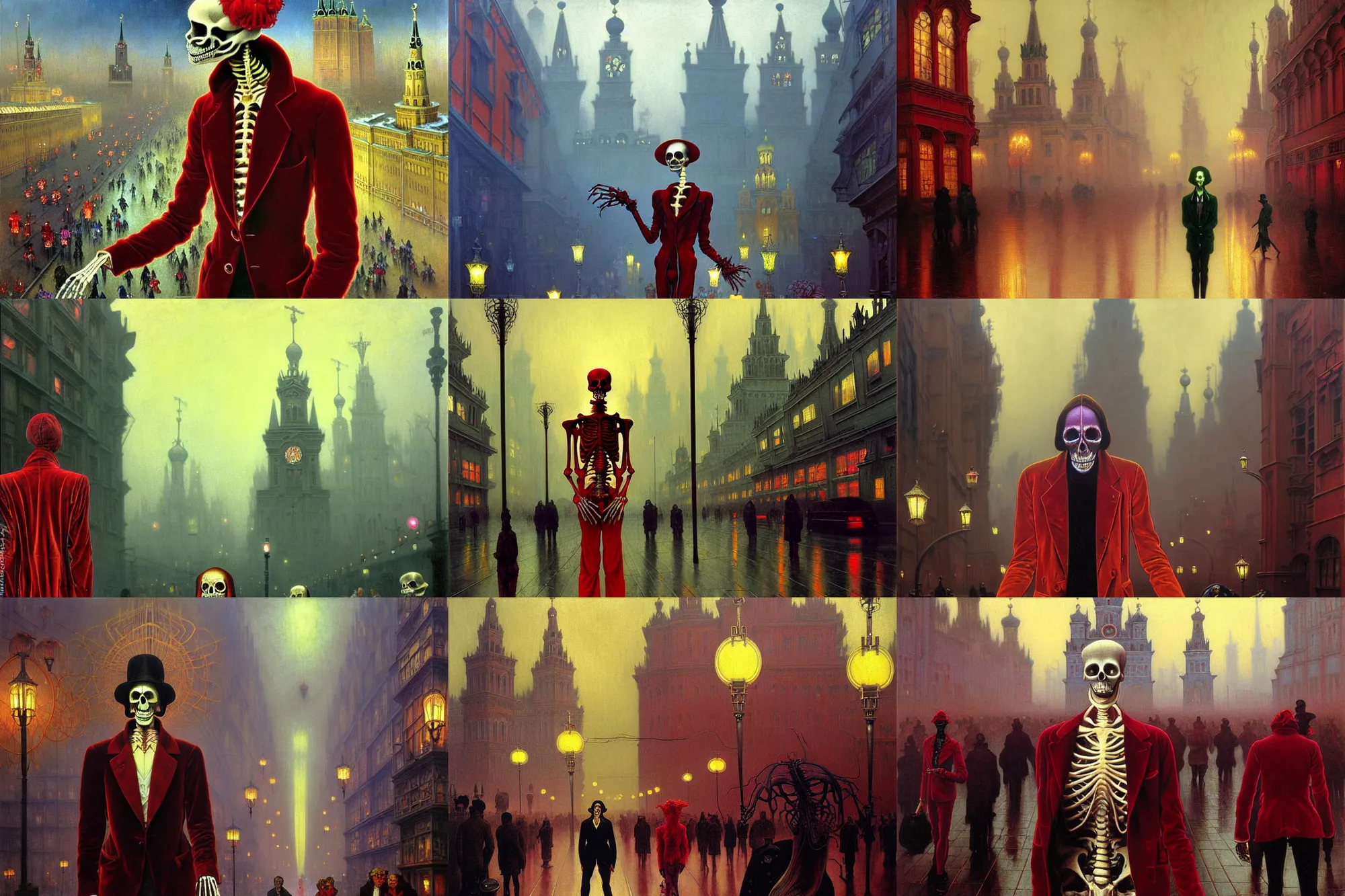 Prompt: realistic detailed portrait painting of a single glowing skeleton wearing crimson velvet blazer in a foggy crowded futuristic moscow street by denis villenueve, amano, yves tanguy, alphonse mucha, ernst haeckel, ilya repin, edward robert hughes, andrei tarkovsky, roger dean, rich moody cold colours, closeup