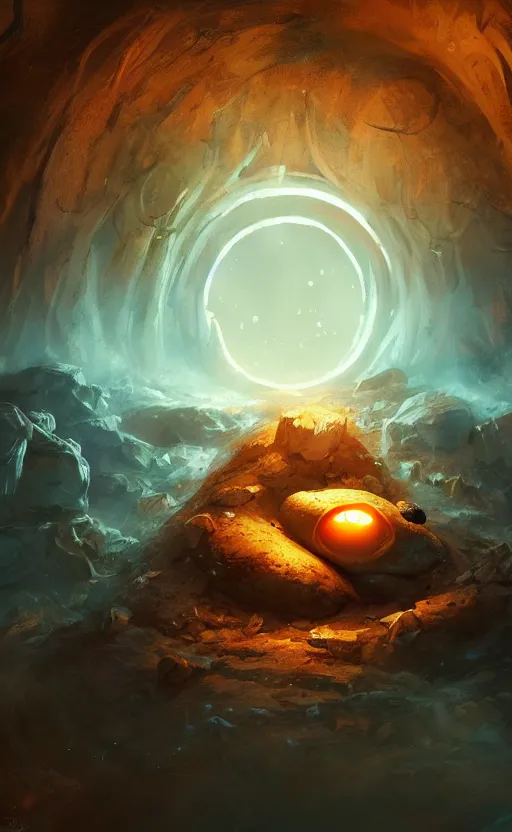 Image similar to a potato opening a portal to the potato dimension, fantasy concept art, dynamic lighting, cinematic, ultra detailed, stunning visuals, creative, trending on art station, ambient lighting, atmospherical