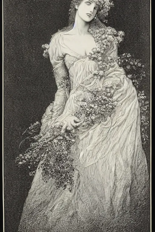 Image similar to black and white, woman in flowers, Gustave Dore lithography