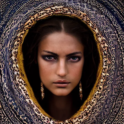 Image similar to portrait of a stunningly beautiful middle eastern tribal female, depth of field, zeiss lens, detailed, symmetrical, centered, fashion photoshoot, by Annie Leibovitz and Steve McCurry, David Lazar, Jimmy Nelsson, Breathtaking, 8k resolution, extremely detailed, beautiful, establishing shot, artistic, hyperrealistic, beautiful face, octane render