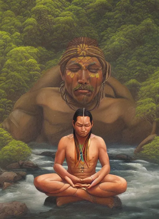 Image similar to a realistic painting of an indigenous man meditating near a river in the amazon jungle, highly detailed, trending on devian art, art by christophe vacher