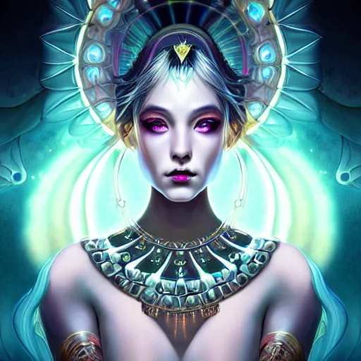 Image similar to a symmetrical portrait of a mystical feminine creature with glowing energies and particals, metal scales, surrounded by spirits, gloomy cinematic lighting, highly detailed, illustrated novel, by artgerm and miura