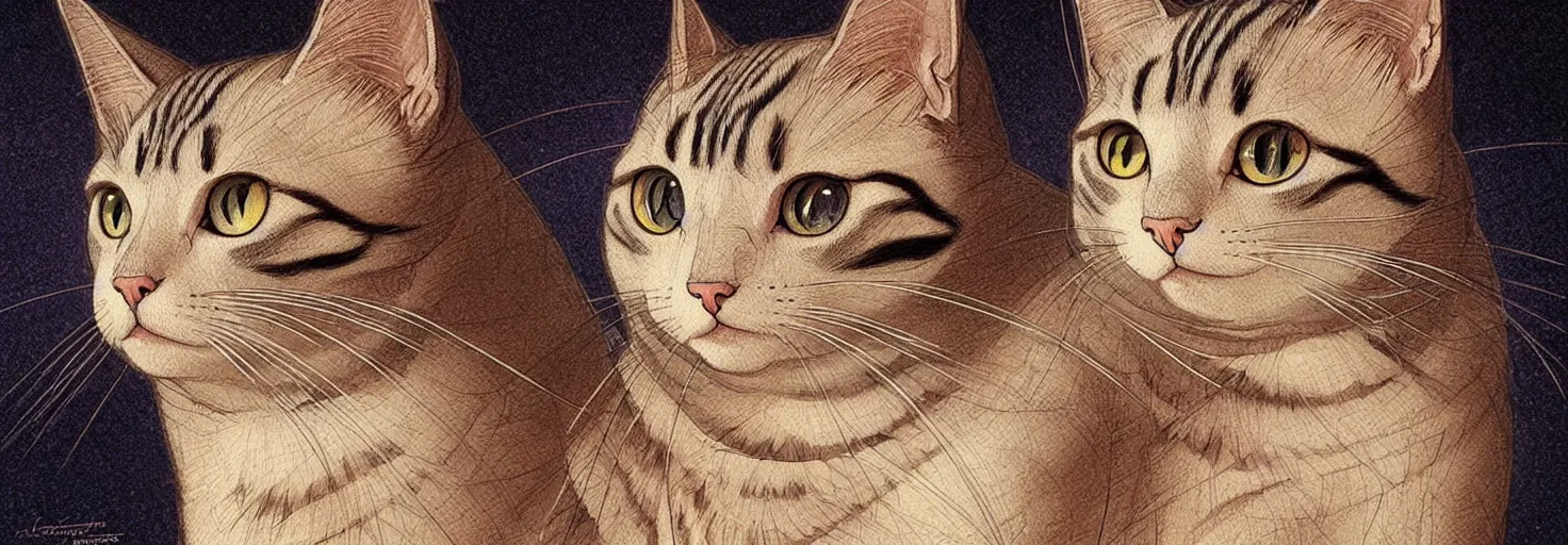 Prompt: beautiful cat with hundreds of spiral eyes, in acidic din, with soft light, symmetrical patterns, like leonardo da vinci sketches! in the style of studio ghibli, j. c. leyendecker, greg rutkowski, artgerm