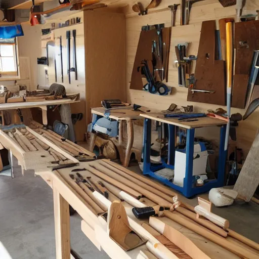 Image similar to A wood workers workshop with a lot of tools