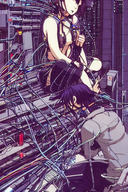 Prompt: awe inspiring cyberpunk anime style illustration of an android girl seated on the floor in a tech labor, seen from behind with her back open showing a complex mess of cables and wires, by masamune shirow and katsuhiro otomo, studio ghibli color scheme, japan, 1980s, dark, complex