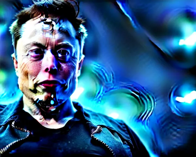 Prompt: 2 8 mm closeup portrait of elon musk top fragging in his live action video game, pipes, wires, dramatic lighting, octane, blue lights, lens flare, industrial, dirty, trending on artstation, golden ratio, h. r. giger, mist, action, volumetric lighting